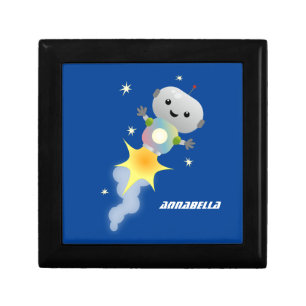 Cute robot flying in space cartoon illustration gift box