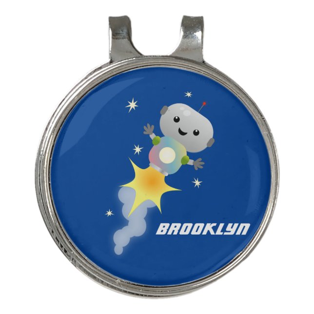 Cute robot flying in space cartoon illustration golf hat clip (Front)