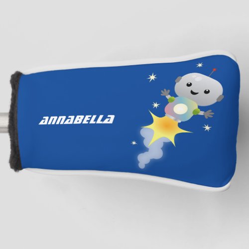 Cute robot flying in space cartoon illustration golf head cover
