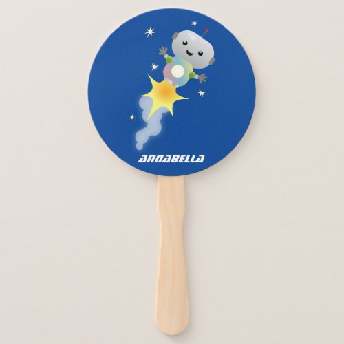 Cute robot flying in space cartoon illustration hand fan