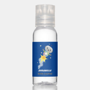 Cute robot flying in space cartoon illustration hand sanitizer