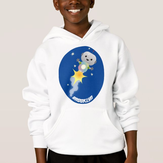 Cute robot flying in space cartoon illustration hoodie (Front)