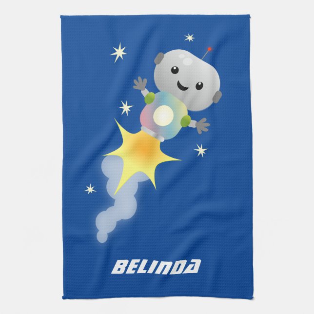 Cute robot flying in space cartoon illustration kitchen towel (Vertical)