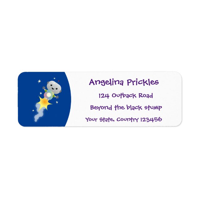 Cute robot flying in space cartoon illustration label (Front)