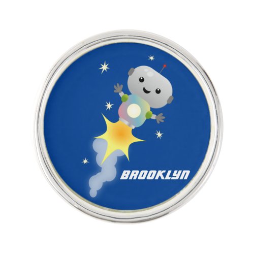 Cute robot flying in space cartoon illustration lapel pin