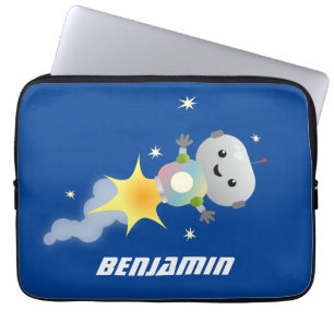 Cute robot flying in space cartoon illustration laptop sleeve