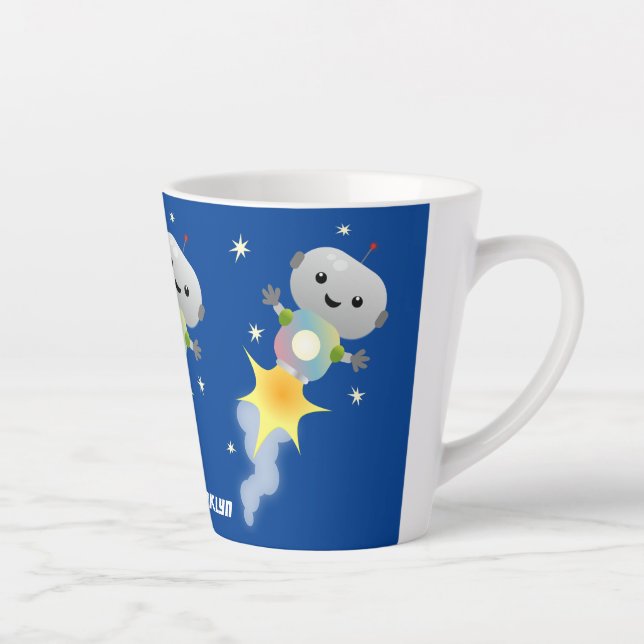 Cute robot flying in space cartoon illustration latte mug (Right)