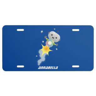Cute robot flying in space cartoon illustration  license plate