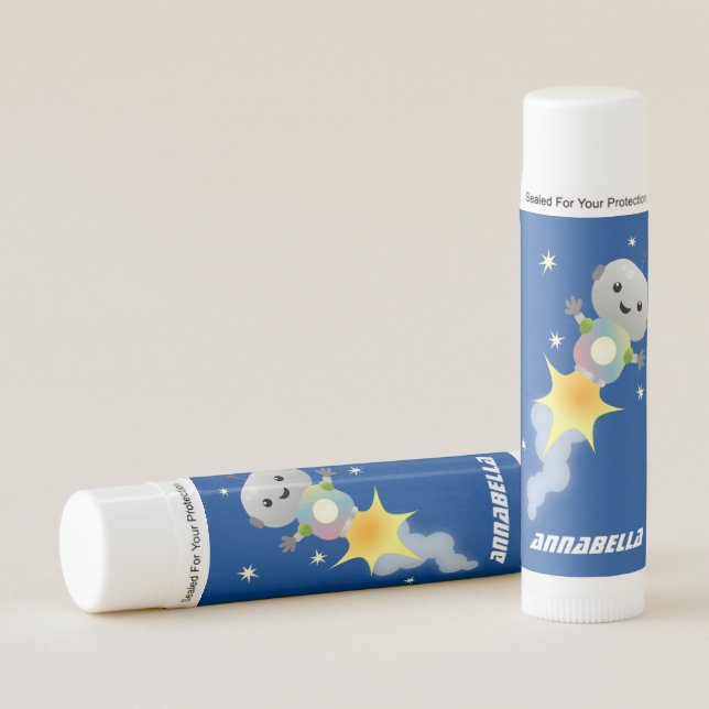 Cute robot flying in space cartoon illustration  lip balm (Front)