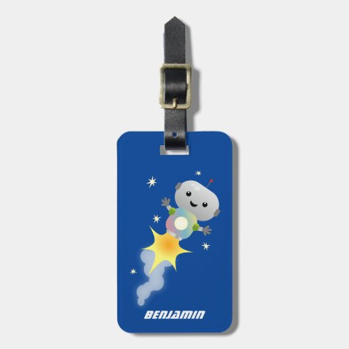 Cute robot flying in space cartoon illustration luggage tag