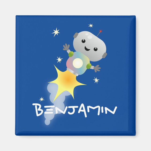 Cute robot flying in space cartoon illustration magnet (Front)