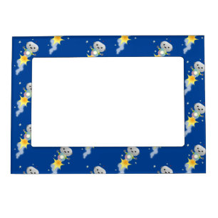 Cute robot flying in space cartoon illustration magnetic frame