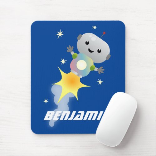 Cute robot flying in space cartoon illustration mouse pad