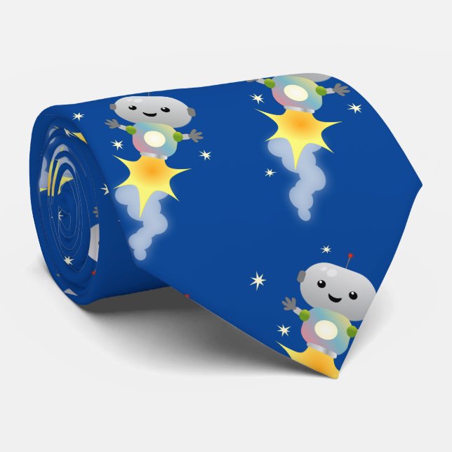 Cute robot flying in space cartoon illustration neck tie (Rolled)