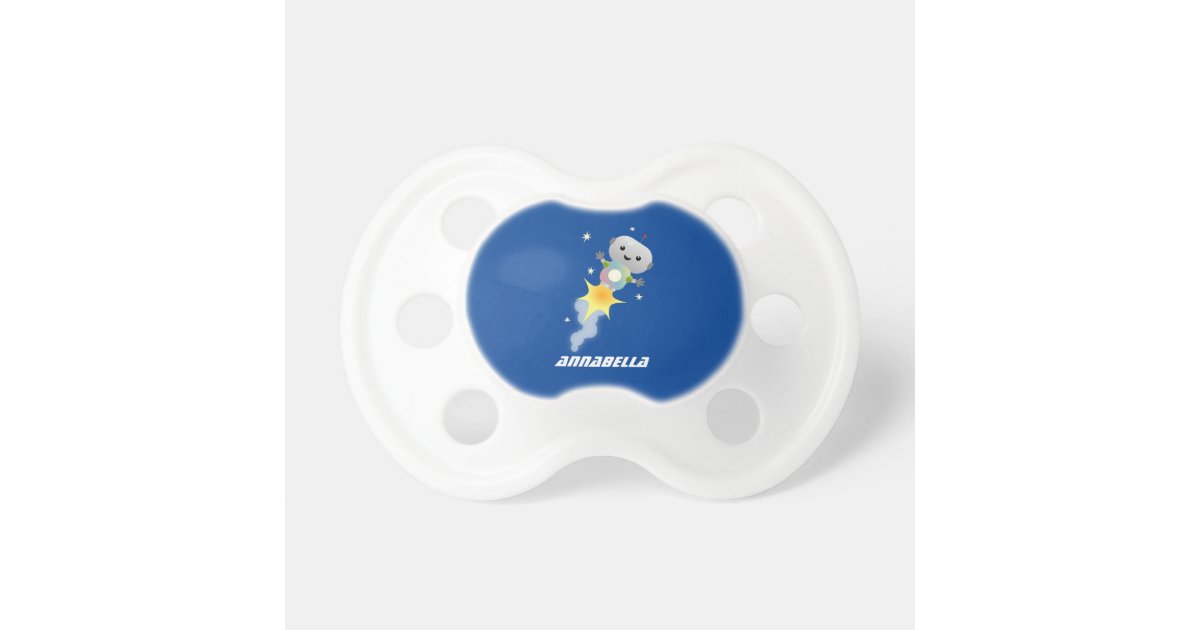 Cute robot flying in space cartoon illustration pacifier | Zazzle