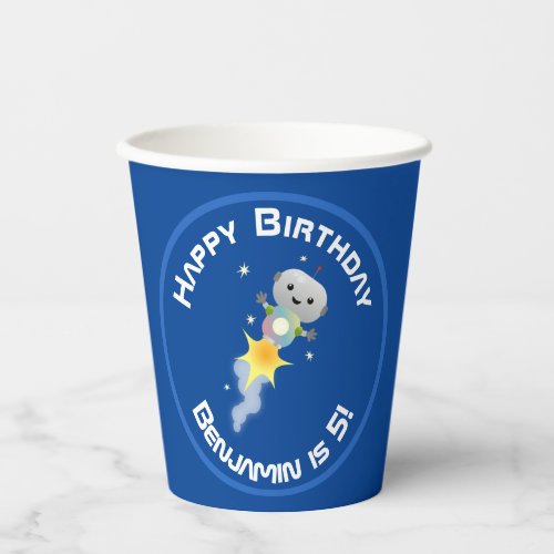 Cute robot flying in space cartoon illustration paper cups