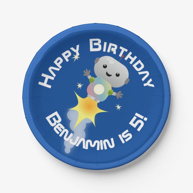 Cute robot flying in space cartoon illustration paper plates (Front)