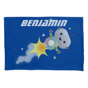 Cute robot flying in space cartoon illustration pillow case