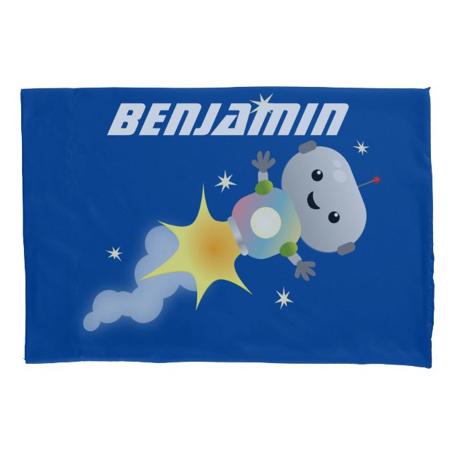 Cute robot flying in space cartoon illustration pillow case (Front)