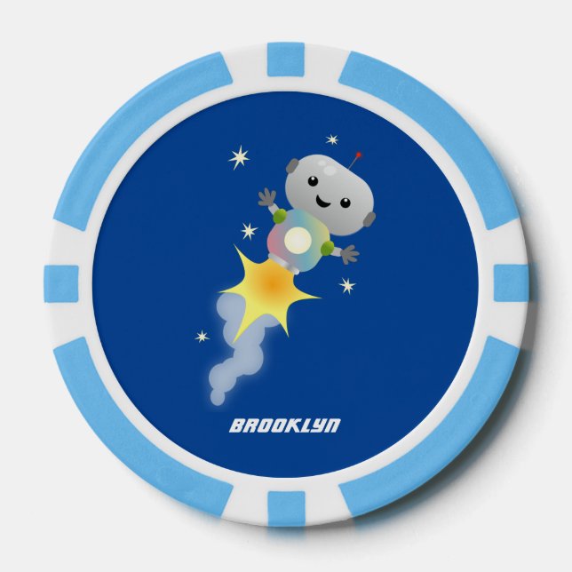 Cute robot flying in space cartoon illustration poker chips (Front)
