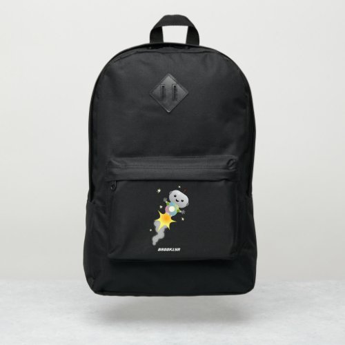Cute robot flying in space cartoon illustration port authority backpack