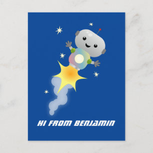 Cute robot flying in space cartoon illustration postcard