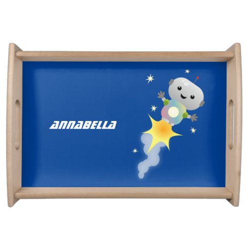 Cute robot flying in space cartoon illustration serving tray