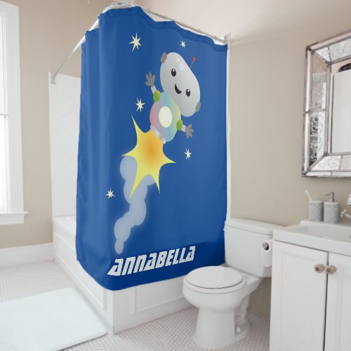 Cute robot flying in space cartoon illustration shower curtain