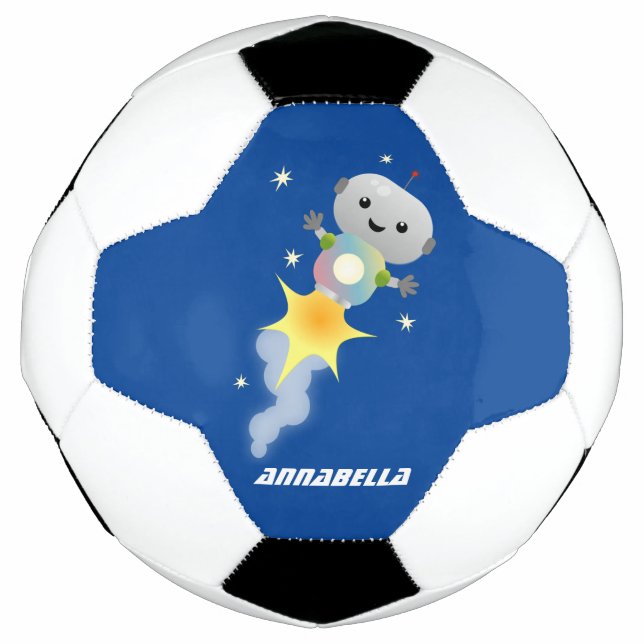 Cute robot flying in space cartoon illustration soccer ball (Front)
