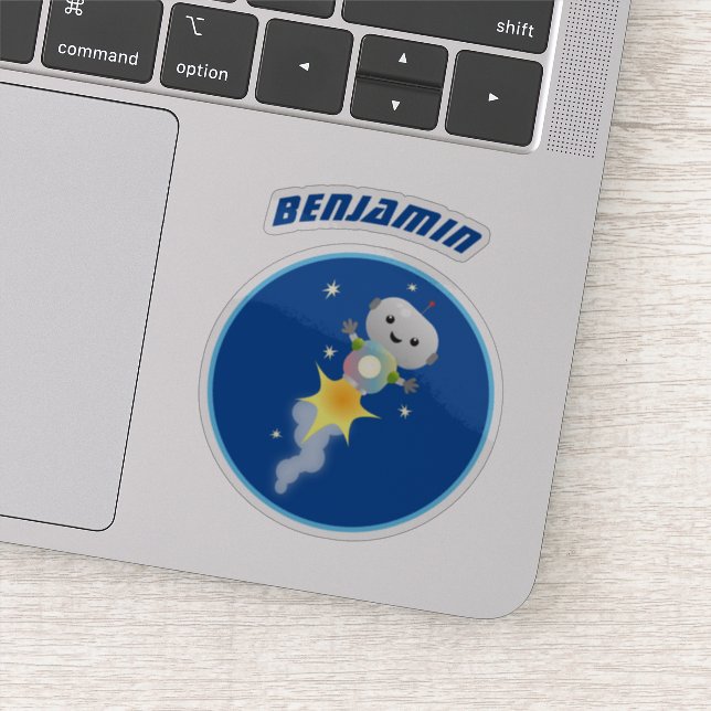 Cute robot flying in space cartoon illustration sticker (Detail)