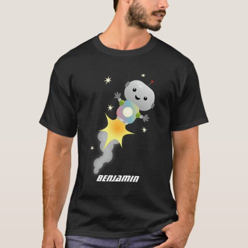 Cute robot flying in space cartoon illustration T_Shirt