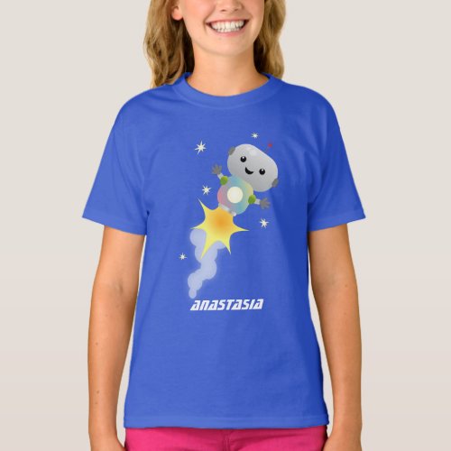 Cute robot flying in space cartoon illustration T_Shirt