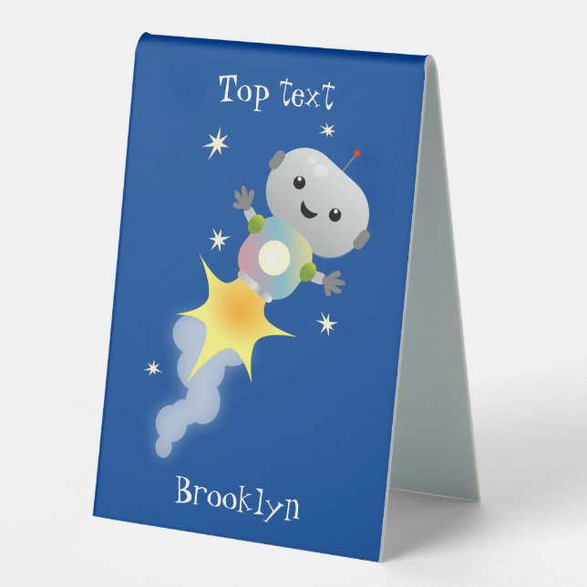 Cute robot flying in space cartoon illustration table tent (Front)