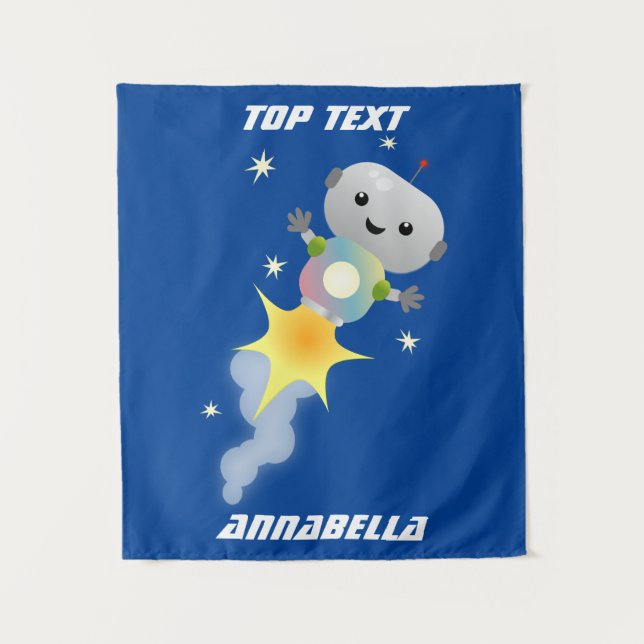 Cute robot flying in space cartoon illustration  tapestry (Front)