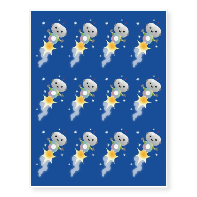 Cute robot flying in space cartoon illustration temporary tattoos (Front)