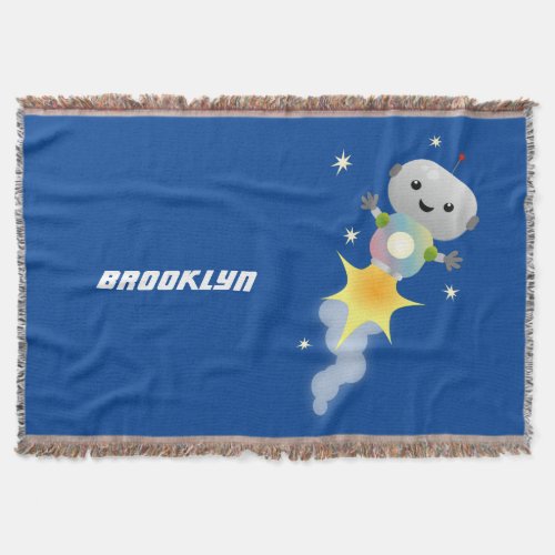 Cute robot flying in space cartoon illustration throw blanket