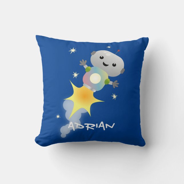 Cute robot flying in space cartoon illustration throw pillow (Front)