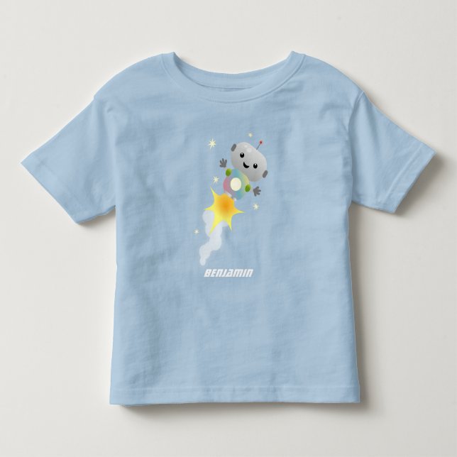Cute robot flying in space cartoon illustration toddler t-shirt (Front)