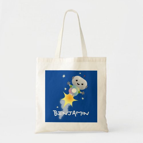 Cute robot flying in space cartoon illustration tote bag