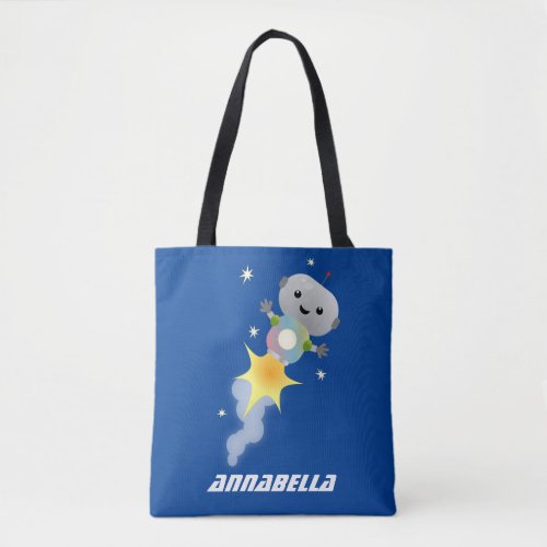 Cute robot flying in space cartoon illustration tote bag