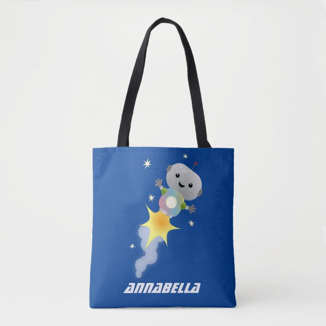 Cute robot flying in space cartoon illustration tote bag (Front)
