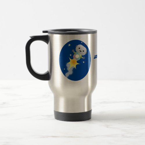 Cute robot flying in space cartoon illustration travel mug