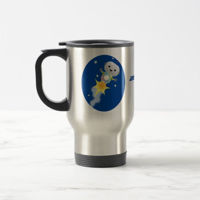 Cute robot flying in space cartoon illustration travel mug (Left)
