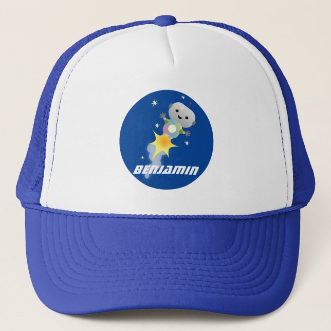 Cute robot flying in space cartoon illustration trucker hat (Front)