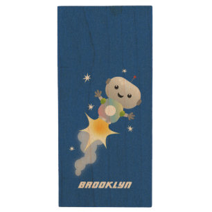 Cute robot flying in space cartoon illustration wood flash drive