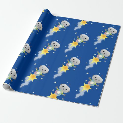 Cute robot flying in space cartoon illustration wrapping paper