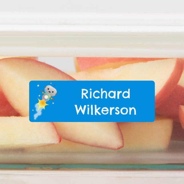 Cute robot flying in space cartoon personalized labels (Affixed)