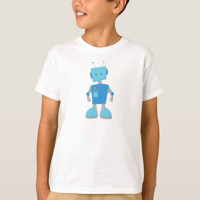 Cute Robot, Funny Robot, Silly Robot, Blue Robot T-Shirt (Front)