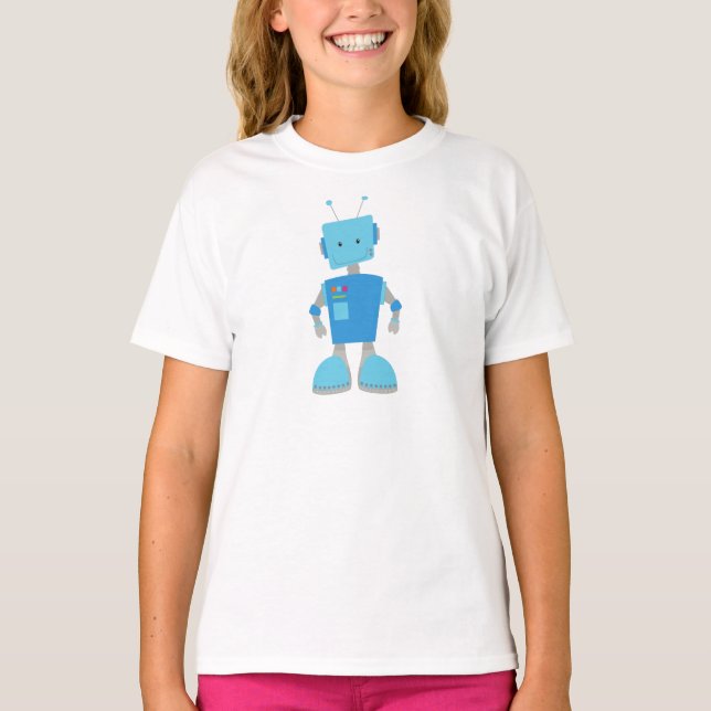 Cute Robot, Funny Robot, Silly Robot, Blue Robot T-Shirt (Front)