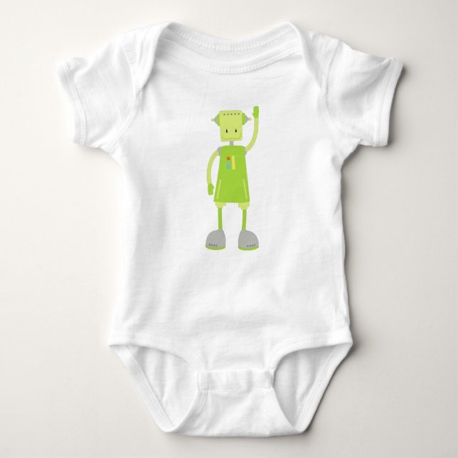 Cute Robot, Funny Robot, Silly Robot, Green Robot Baby Bodysuit (Front)